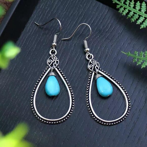 Turquoise Teardrop Shaped Vintage Long Summer Earring for Women Jewelry - Picture 2 of 10